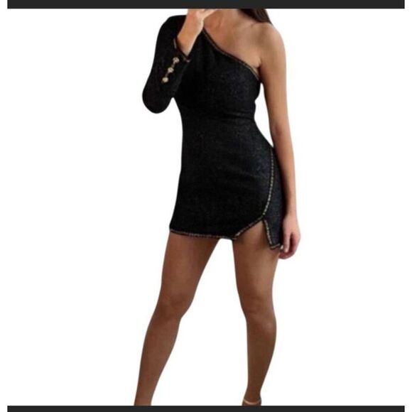 ZARA NEW WOMAN SHORT ASYMMETRIC MINI DRESS SLIT BLACK and gold women's size S - Picture 1 of 5